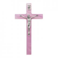  PEARLIZED PINK CROSS WITH FINE PEWTER CORPUS 